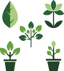 Flat Green Plant and Leaf Icon Set for Nature and Sustainability