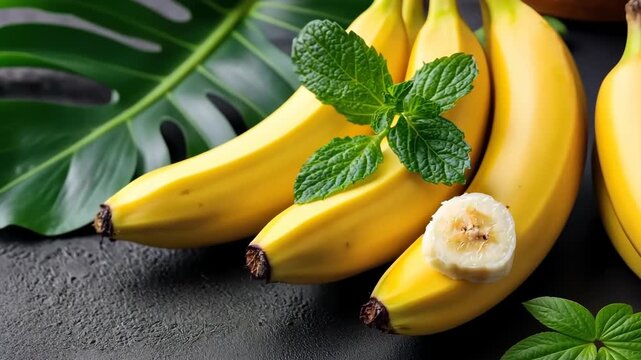 Bananas placed on a dark surface with a green leaf and mint leaves beside them, showcasing the fruit with a sliced piece on display