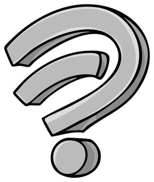 Stylized silver question mark with bold outline and shadow effect