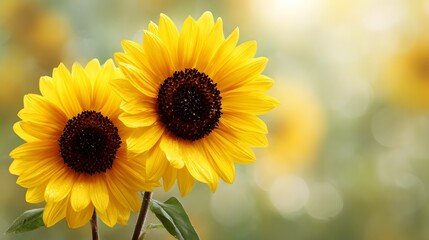 Obraz premium Two Vibrant Sunflowers Blooming in a Field with Soft Bokeh Background.