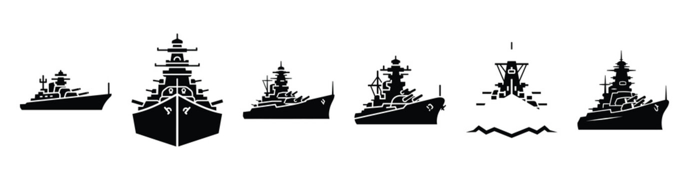 Vector set illustration of battleship icons. Simple transport silhouette icon design collection.