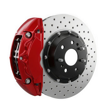 High performance brake rotor with red caliper and perforated disc for enhanced stopping power.