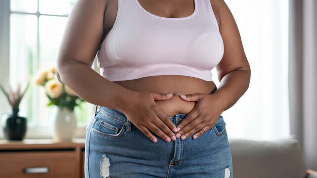 Plus-size black woman holding her abdomen at home showing obesity and excess body weight in adults.