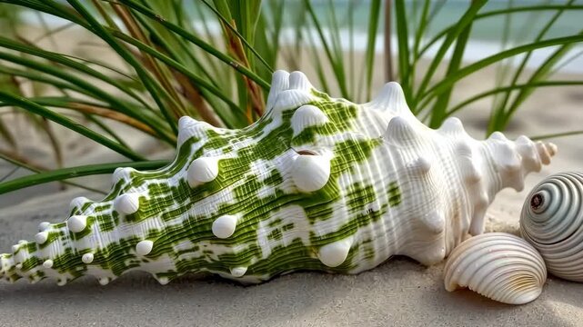 Exploring a large shell on the beach with green patterns and small shells among sand and grass during a sunny day
