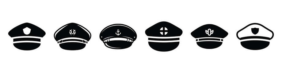 Vector set illustration of captain hat icons. Simple transport silhouette icon design collection.