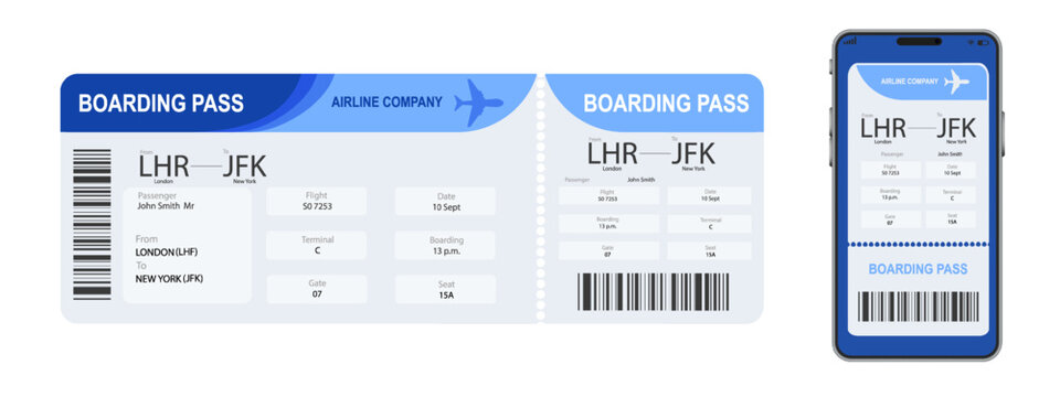 Mobile Boarding pass and paper boarding pass. Digital Airplane ticket. Mobile or electronic plane ticket on screen phone. Online plane booking. Vector illustration.
