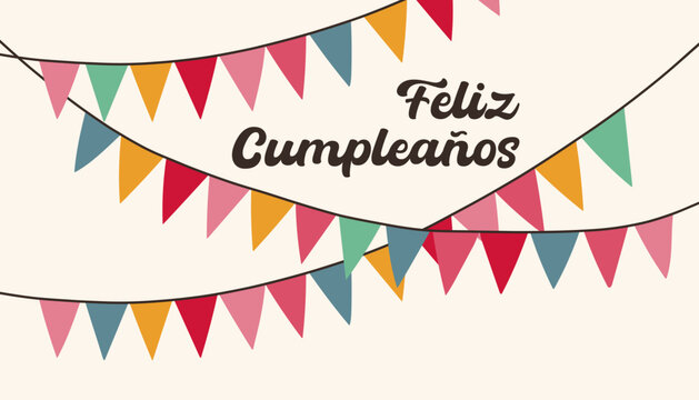 Festive birthday vector banner with colorful bunting flags and Spanish text Feliz Cumpleanos. Flat cheerful illustration perfect for party invitations, greeting cards, posters and holiday designs