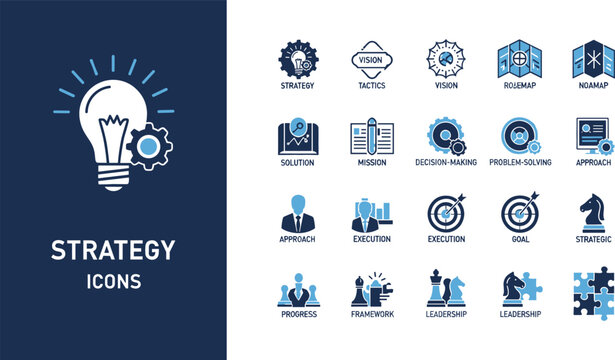 Professional business strategy icon set featuring visionary leadership tactical roadmaps mission statements chess metaphors and strategic execution vector graphic elements