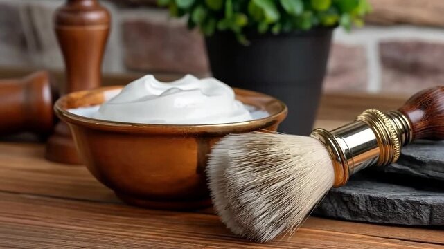 Shaving kit with bowl, brush, and cream on wooden table in well-lit space with green plant nearby