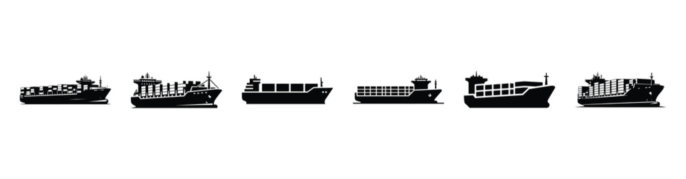 Vector set illustration of container ship icons. Simple transport silhouette icon design collection.
