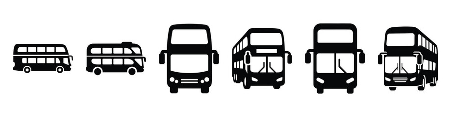 Vector set illustration of double decker bus icons. Simple transport silhouette icon design collection.