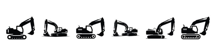Vector set illustration of excavator icons. Simple transport silhouette icon design collection.