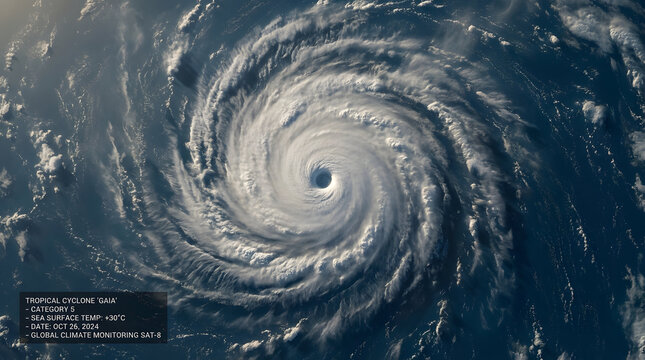Massive category 5 hurricane swirling over ocean waters