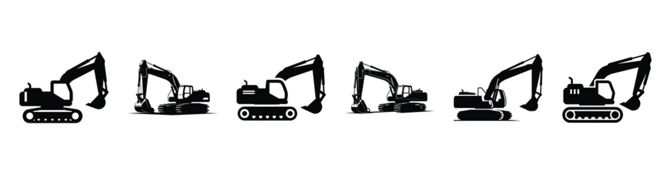 Vector set illustration of excavator icons. Simple transport silhouette icon design collection.
