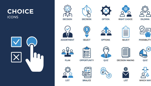 Professional choice and decision-making icon set featuring assortment selections logical options quizzes dilemmas and strategic pathfinding vector elements