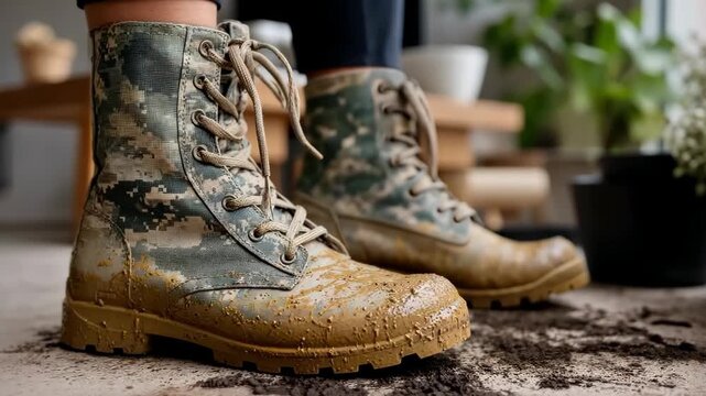 Military boots caked in mud after working in the garden on a sunny day in spring