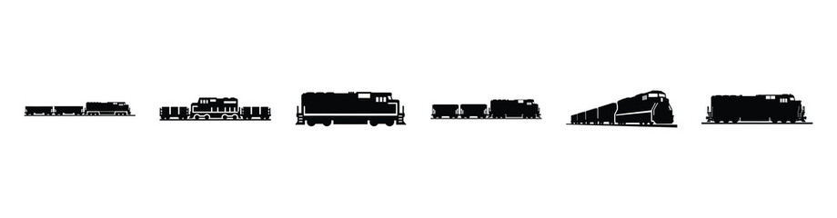 Vector set illustration of freight train icons. Simple transport silhouette icon design collection. © Shilpy