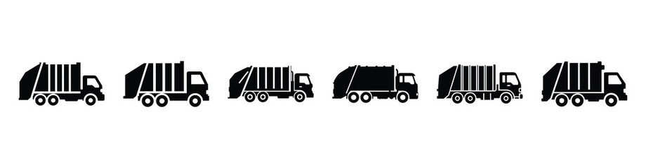 Vector set illustration of garbage truck icons. Simple transport silhouette icon design collection.