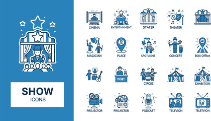 Professional show and entertainment icon set featuring cinema theaters circus tents musical concerts magic performances and live event vector elements © Bappi