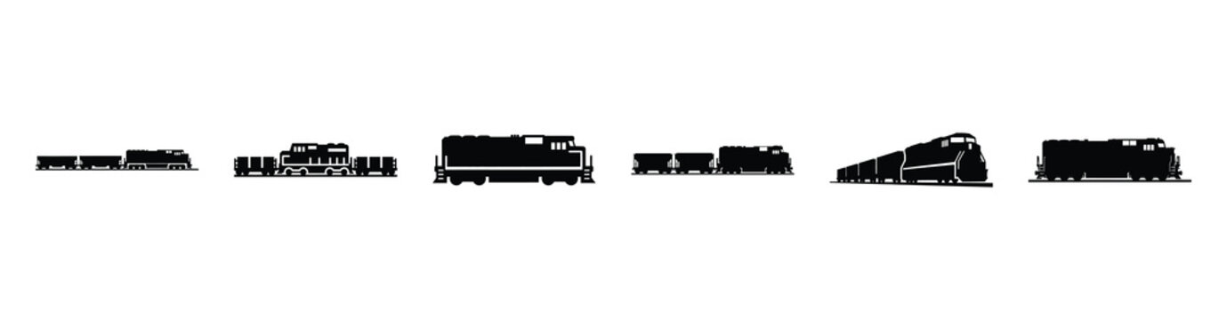 Vector set illustration of freight train icons. Simple transport silhouette icon design collection.