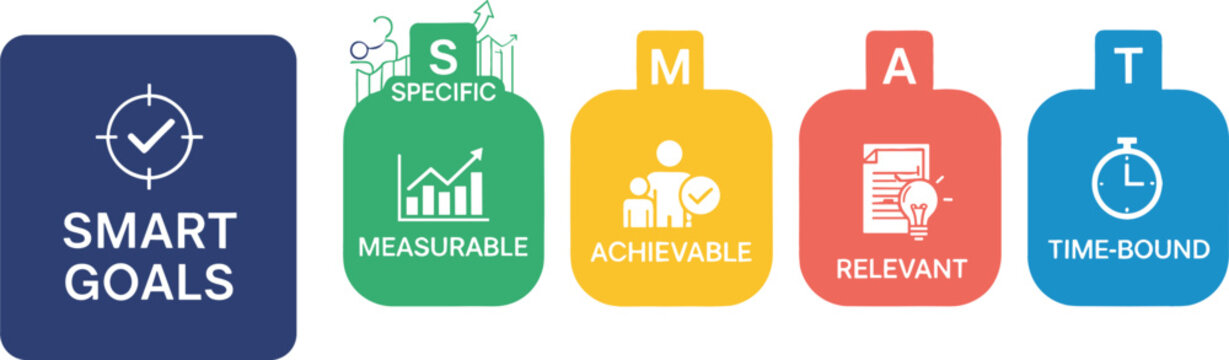 Professional SMART goals icon set featuring specific measurable achievable relevant and time-bound criteria for effective strategic business planning vector elements