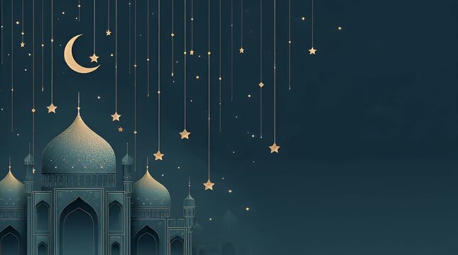Ramadan Kareem celebration with mosque and crescent moon.