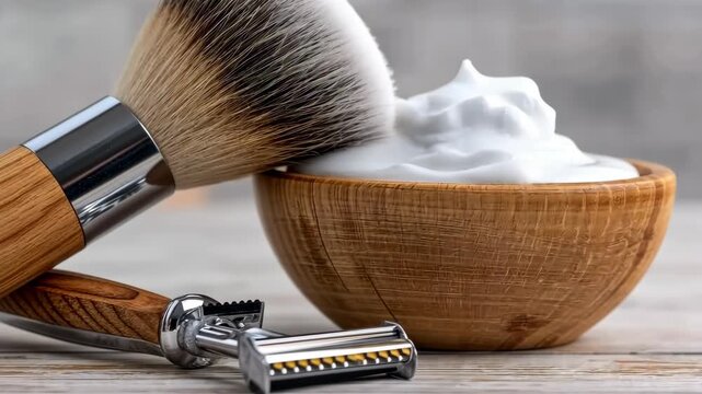Shaving with brush and cream in a wooden bowl at home in the morning