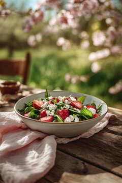 Strawberry salad with fresh mint and goat cheese, served in a rustic bowl on a sun-dappled wooden table. Light summer lunch in an outdoor garden setting with pink blossoms and natural textures.