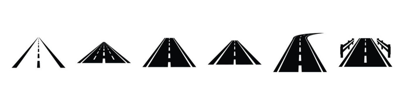 Vector set illustration of highway road icons. Simple transport silhouette icon design collection.