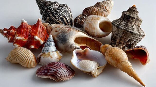 Collection of various seashells on a white background showing different shapes and colors from the beach