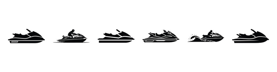 Vector set illustration of jet ski icons. Simple transport silhouette icon design collection.