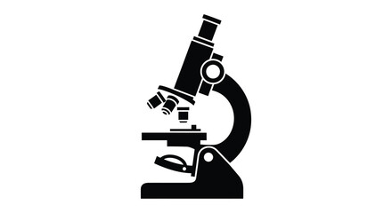 A stark black silhouette of a laboratory microscope stands out against a bright white background silhouette high quality © jivect02