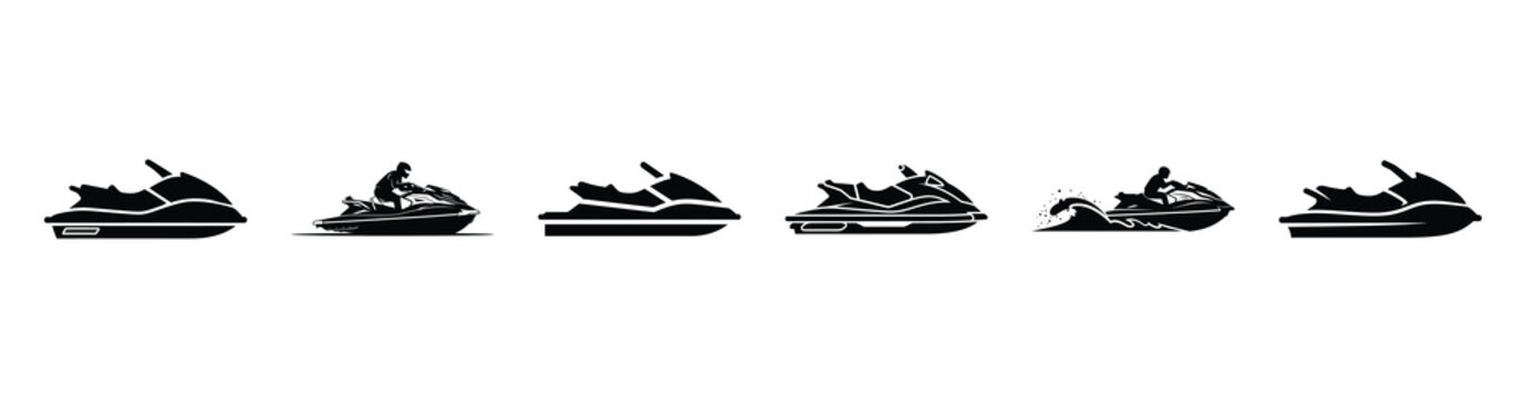 Vector set illustration of jet ski icons. Simple transport silhouette icon design collection.