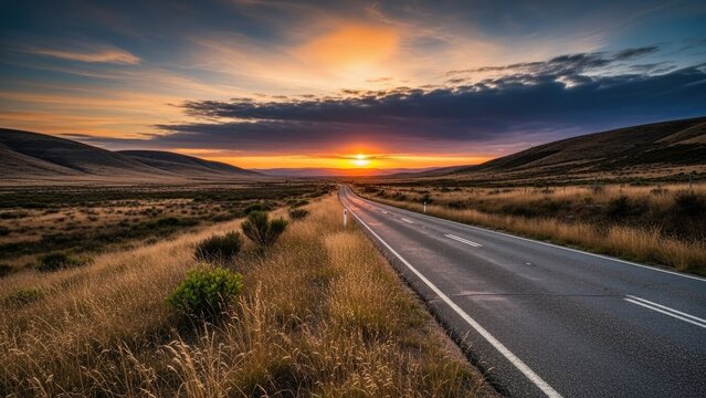A serene landscape of an empty road leading to a beautiful sunset