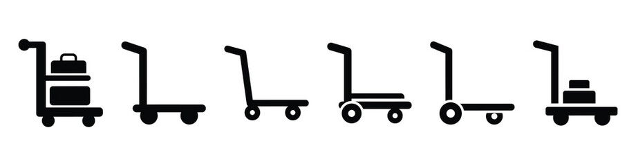 Obraz premium Vector set illustration of luggage trolley icons. Simple transport silhouette icon design collection.