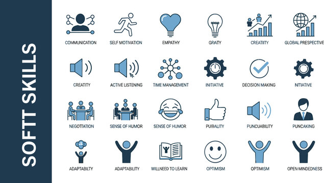 Professional soft skills icon set featuring emotional intelligence communication teamwork time management adaptability and interpersonal leadership vector graphic elements
