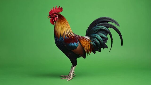 Vibrant rooster standing proudly on green background