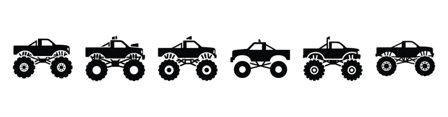 Vector set illustration of monster truck icons. Simple transport silhouette icon design collection. © Shilpy