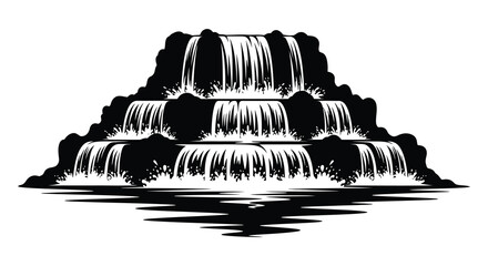 A striking black and white illustration depicts a tiered waterfall cascading into a reflective pool a dramatic silhouette © jivect02