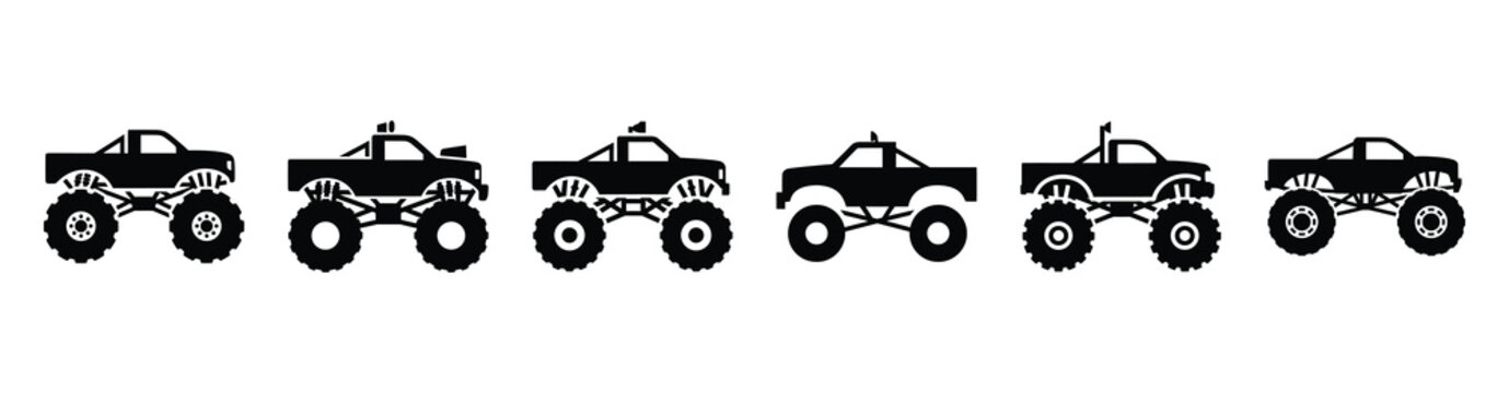 Vector set illustration of monster truck icons. Simple transport silhouette icon design collection.