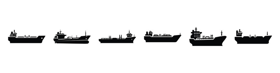 Obraz premium Vector set illustration of oil tanker ship icons. Simple transport silhouette icon design collection.