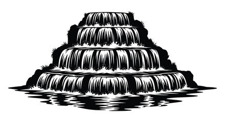 A striking black and white illustration of a tiered fountain with cascading water reflecting on a calm surface silhouette © jivect02