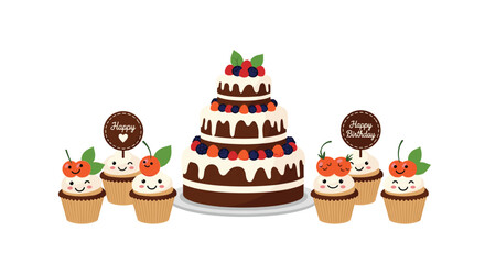 Three tiered chocolate birthday cake with berries and white frosting surrounded by cute smiling cupcakes with cherry toppers and signs.