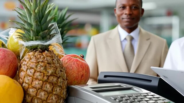 Groceries being purchased at a market with a cashier and customer smiling while showing fresh fruits and payment machine