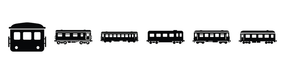 Vector set illustration of railway carriage icons. Simple transport silhouette icon design collection.