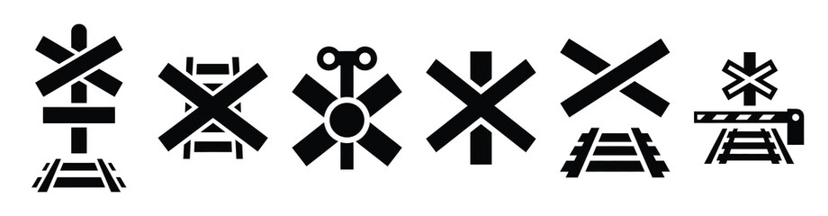 Vector set illustration of railway crossing icons. Simple transport silhouette icon design collection.