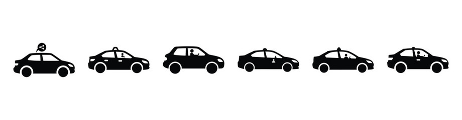 Vector set illustration of ride sharing car icons. Simple transport silhouette icon design collection.