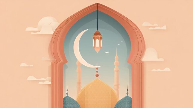 Ramadan Kareem Islamic Celebration with Mosque and Crescent Moon.