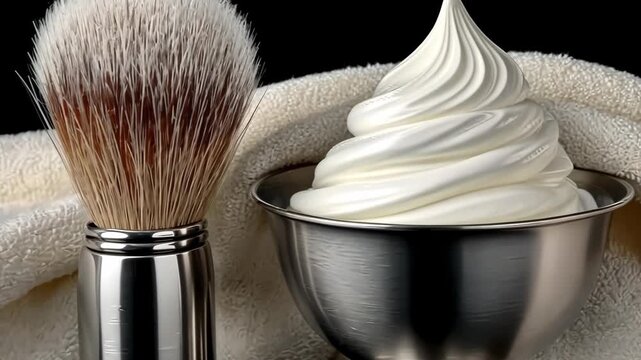 Shaving process with brush, cream, and towel at home showing tools and materials used in traditional shaving routine