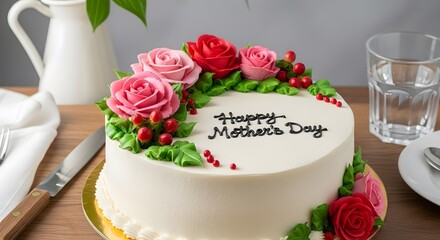 Naklejka premium A beautifully decorated cake with pink roses for a mother's day celebration.